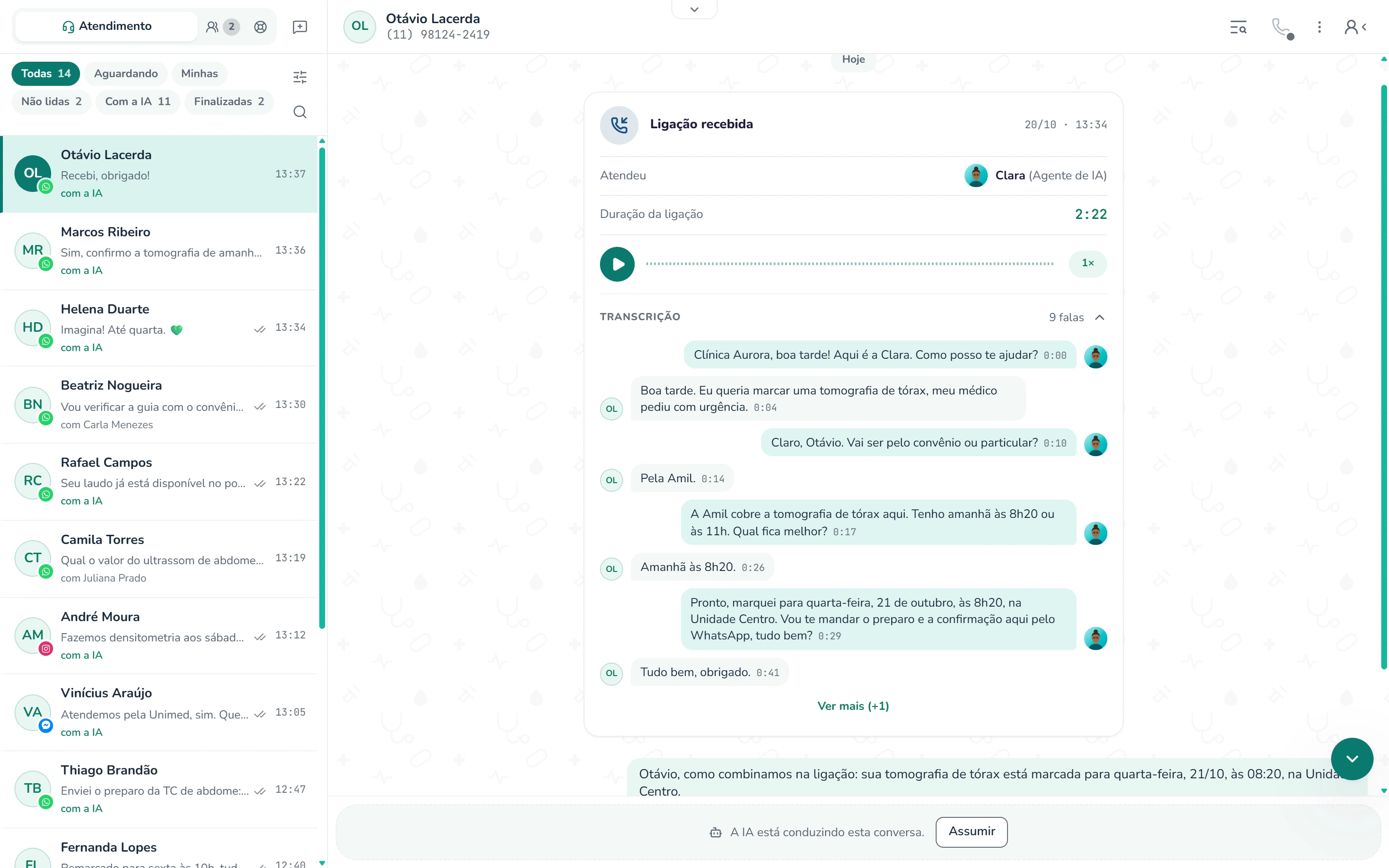 Ligação do WhatsApp atendida pela IA, com a gravação e a transcrição na conversa